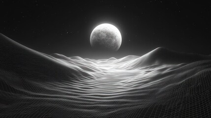 A full moon shines brightly over a desolate, wireframe desert landscape.