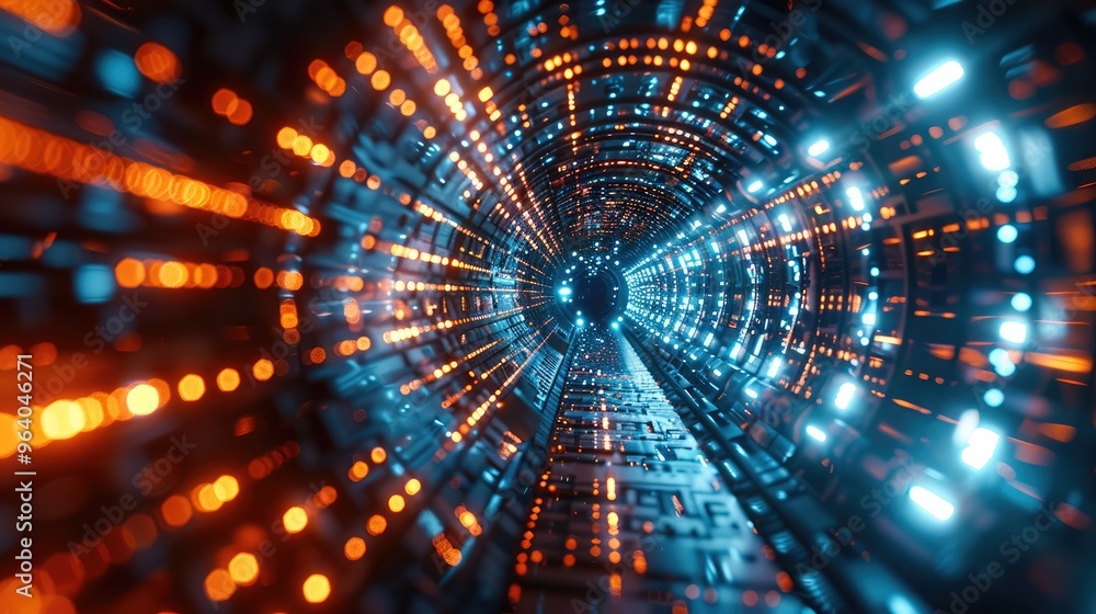 Leinwandbilder Abstract tunnel with geometric shapes and digital codes, representing innovation and technology, digital illustration. Generative AI.