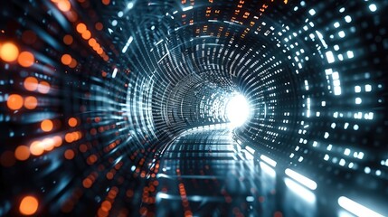 Obraz premium Abstract tunnel with geometric shapes and digital codes, representing innovation and technology, digital illustration. Generative AI.