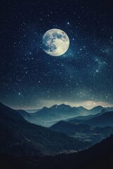 Peaceful Moonlit Mountain Landscape Under Starry Sky at Night