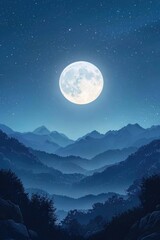 Tranquil Moonlit Mountain Landscape with Silhouetted Peaks Under Starry Night Sky