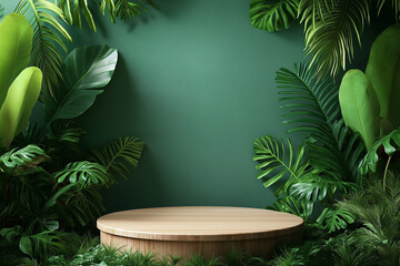 Luxurious green backdrop with a wooden platform and tropical plants, empty space for product display