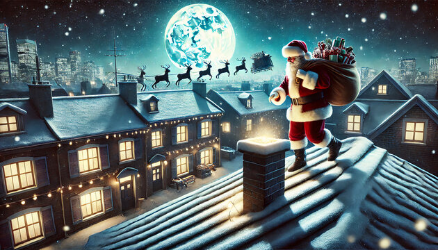 p&egrave;re no&euml;l dans son habit rouge et sa hotte, pendant la distribution de cadeaux dans une ville, sur un toit , une nuit de pleine lune, son traineau et les rennes en arri&egrave;re plan