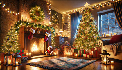 salon d&eacute;cor&eacute; pour No&euml;l, cadeaux au pied du sapin et feu de chemin&eacute;e, ambiance festive et lumineuse, illustre la magie de No&euml;l et l'attente des cadeaux 