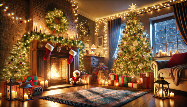 salon d&eacute;cor&eacute; pour No&euml;l, cadeaux au pied du sapin et feu de chemin&eacute;e, ambiance festive et lumineuse, illustre la magie de No&euml;l et l'attente des cadeaux 
