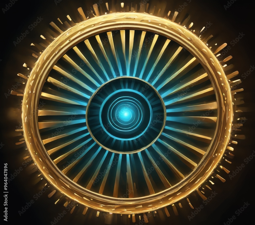 Poster stunning abstract design featuring a circular pattern with radiant gold and blue lights. the intrica