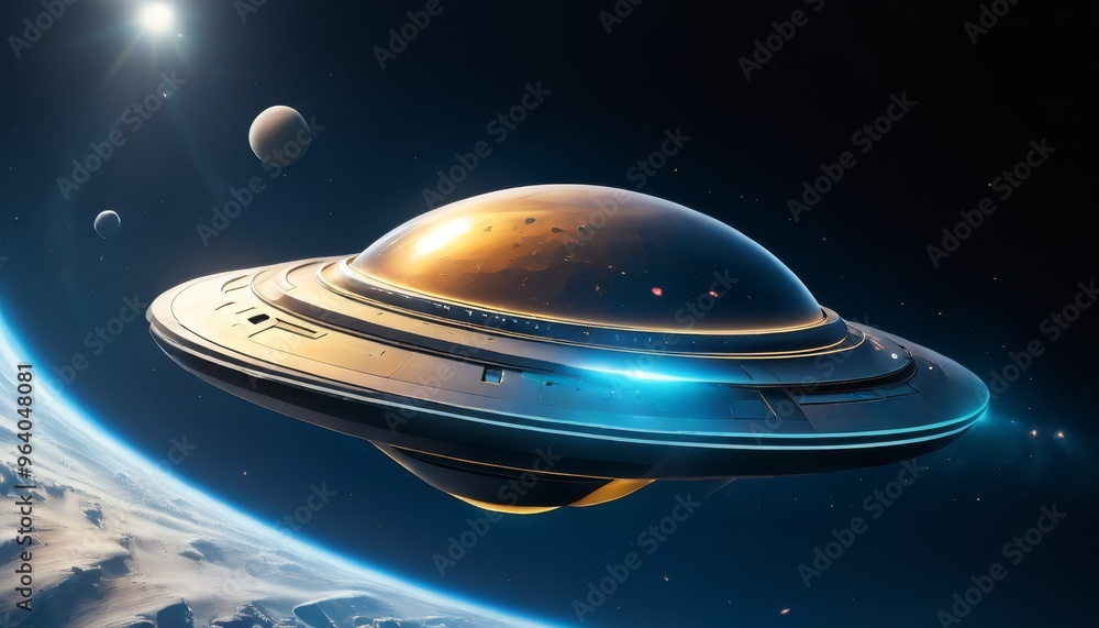 Poster a stunning 3d rendered image of a futuristic spacecraft orbiting earth with several planets visible 