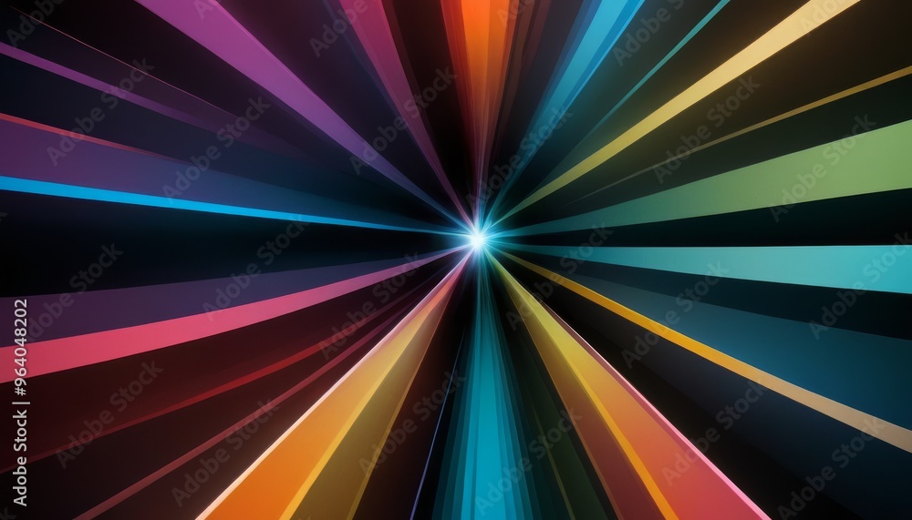Poster a stunning abstract image featuring a burst of colorful light beams radiating from a central point. 