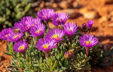 Obraz premium purple ice plant flowers with green leaves and some bees
