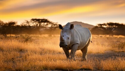 Obraz premium シロサイのいる風景、アフリカの夕焼け