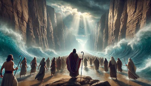 Mo&iuml;se guidant le peuple juif lors de l&rsquo;exode des h&eacute;breux  &agrave; la sortie d&rsquo;&Eacute;gypte lors du passage de la mer rouge,  Moise qui ouvre les flot de la mer rouge, illustre et symbolise le r&eacute;cit biblique