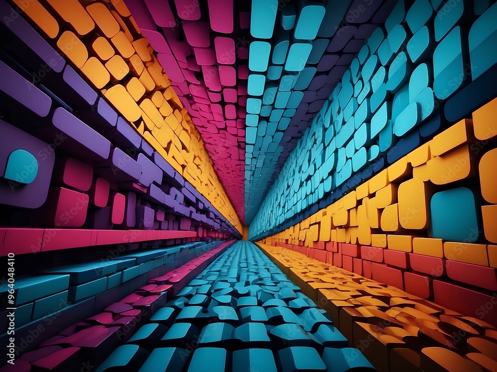 Poster colorful abstract tunnel design with vivid tones and geometric shapes, giving an impression of depth