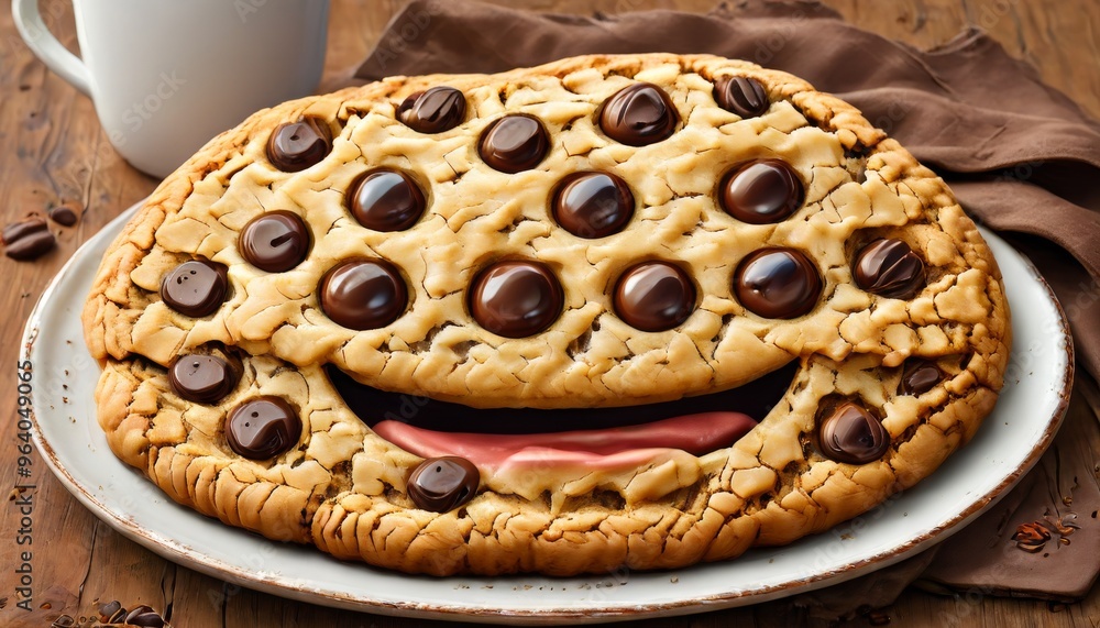 Poster a delightful and whimsical image of a smiling chocolate chip cookie on a rustic plate. the cookie's 