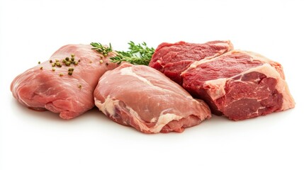 Fototapeta premium Raw meat, chicken, and lamb isolated on a white background