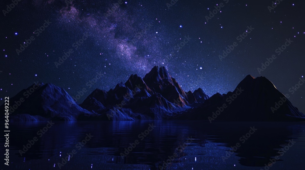 Poster 3d cartoon rendering of a night view of the milky way above mountains on an island with stars