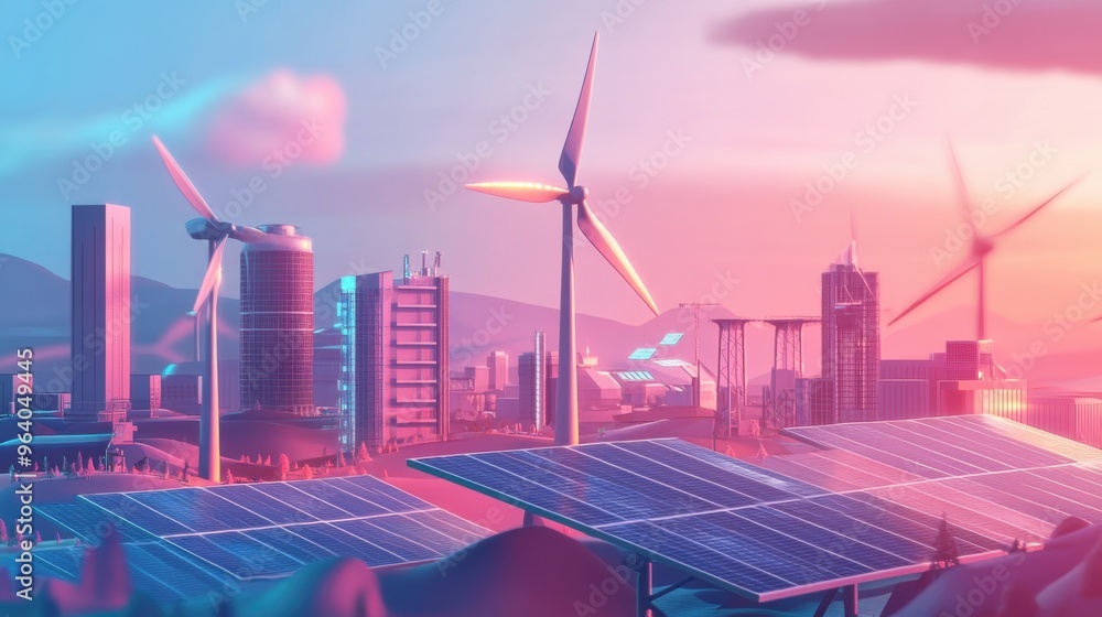 Wall mural A city skyline with a large number of wind turbines and solar panels