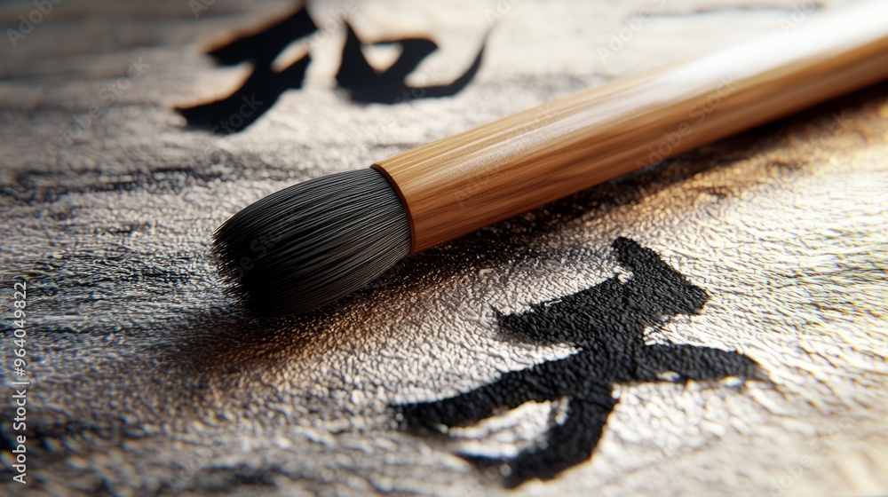 Wall mural A close-up of a traditional Japanese calligraphy brush resting on a piece of rice paper with black ink calligraphy.