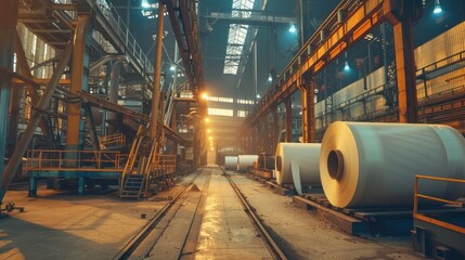 Paper mill machines produce wood pulp into paper rolls for different applications. Concept Paper mill machines, Wood pulp production, Paper roll applications, Manufacturing process