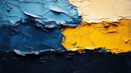 Obraz premium Abstract painting with blue, yellow, and cream oil paint.