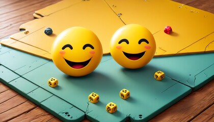 Two yellow smiley face balls with joyful expressions sit on a colorful game board with dice. The playful and cheerful mood makes this image perfect for themes related to fun, games, and happiness.. AI