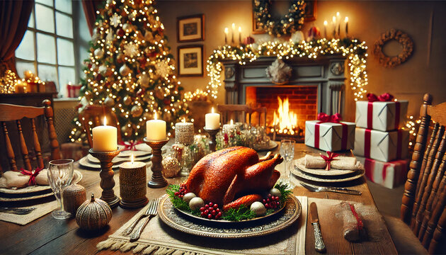 Dinde de No&euml;l sur une table de salle &agrave; manger d&eacute;cor&eacute;e pour c&eacute;l&eacute;br&eacute; No&euml;l, Sapin et chemin&eacute;e, symbolise et illustre le repas de f&ecirc;te de no&euml;l