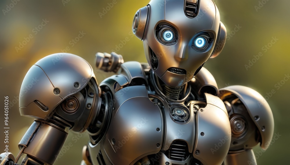 Poster a detailed metallic robot with illuminated blue eyes stands in an outdoor setting. the robot's desig