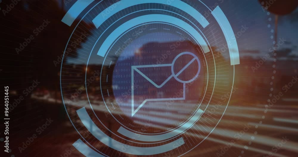 Poster animation of binary coding and envelope icon over cityscape