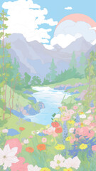 Serene mountain floral landscape illustration