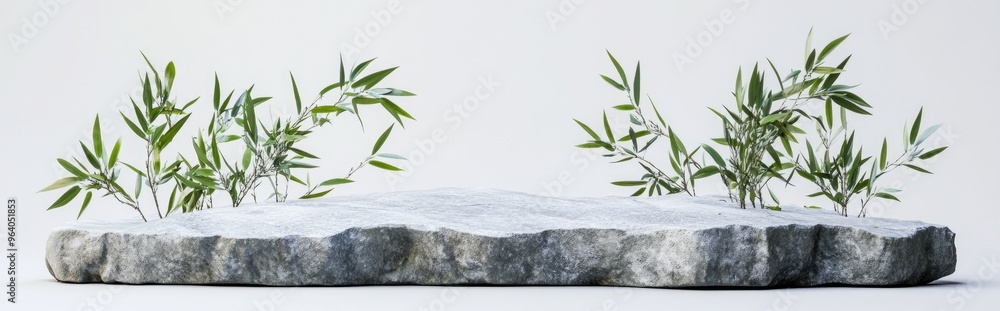 Aufkleber Stone display podium adorned with bamboo leaves on a white background 3D rendering