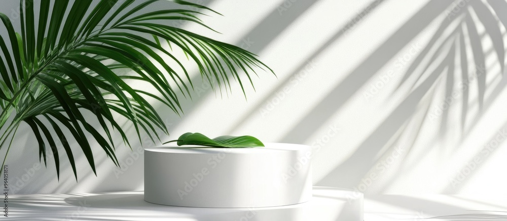 Poster Sophisticated summer abstract white podiums illuminated by sunlight casting shadows accompanied by a green palm leaf on a white background suitable for product showcases square format
