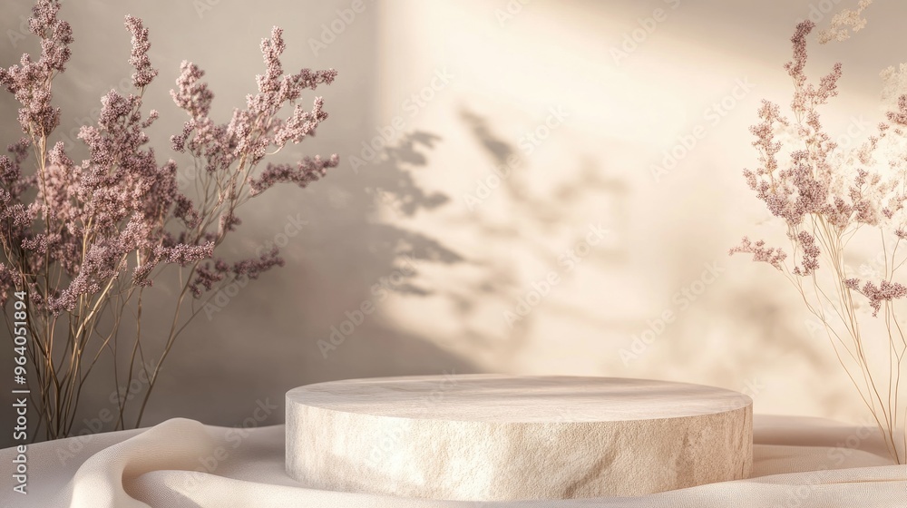 Poster stone display podium on a soft boho background 3d rendering for packaging presentation and cosmetic 