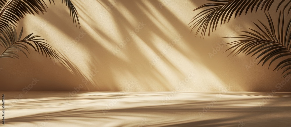 Poster empty brown and beige studio space featuring leaf shadows suitable for product presentations seasona