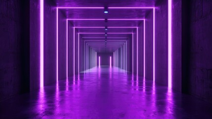 Fototapeta premium Abstract neon ultraviolet background 3D rendering Interior of a nightclub tunnel or corridor featuring concrete walls Contemporary laser sci fi space visual cyberspace music ambiance Vacant stage