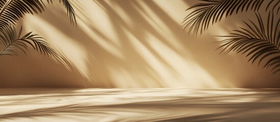 Empty brown and beige studio space featuring leaf shadows suitable for product presentations Seasonal background with a tropical flair 3D rendering