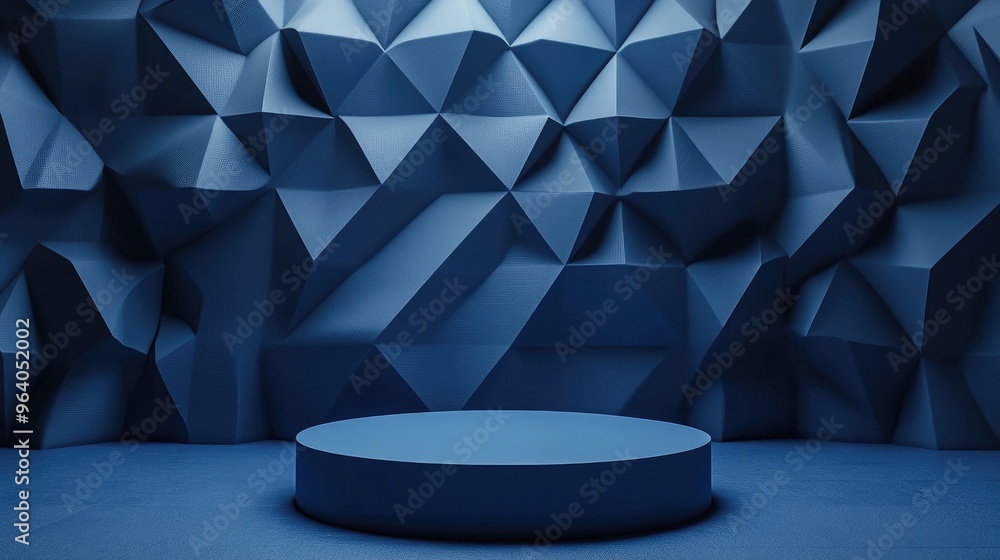 Aufkleber dark blue geometric backdrop featuring a podium in a blue thematic design 3d rendering