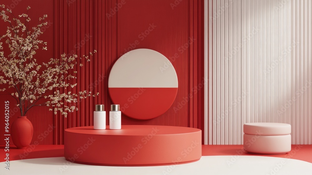 Poster red podium display for cosmetic products in geometric japanese style 3d rendering