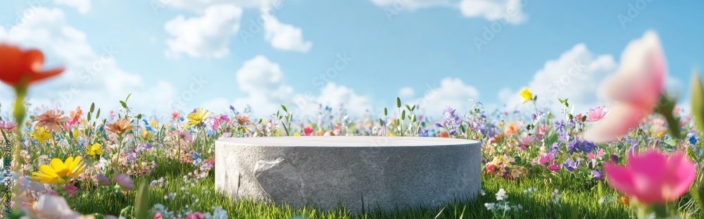 Aufkleber Abstract 3D rendering of a spring scene featuring a stone podium on a grassy field with a vibrant floral backdrop for product display and advertising purposes