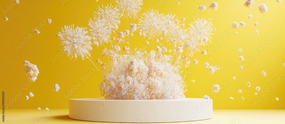 Aufkleber minimalist design for a festival product display podium 3d render featuring fireworks against a yell