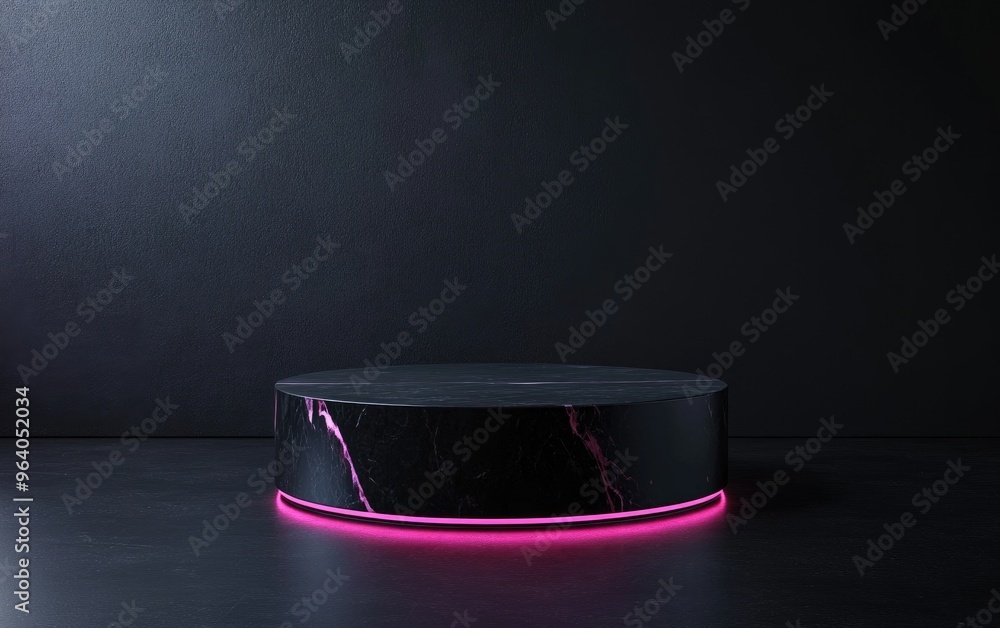 Poster minimalist black marble pedestal with a glass background for product presentation 3d rendering