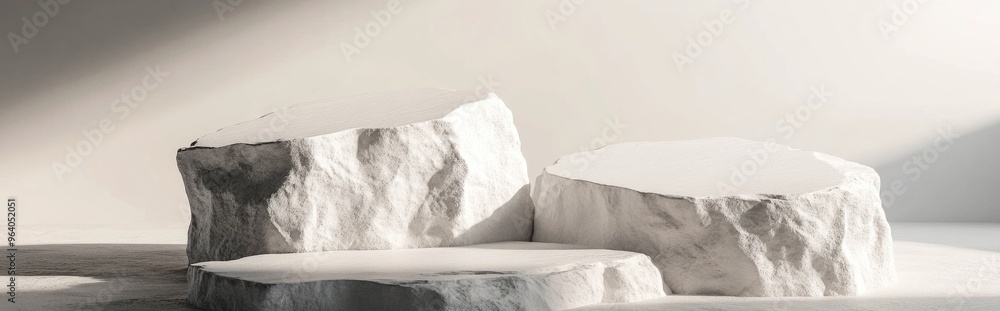 Poster white rock stone podium for blank product display 3d rendering