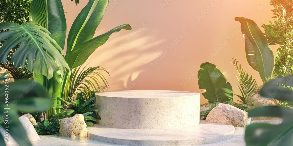 Poster tropical summer landscape featuring a product display podium 3d rendering