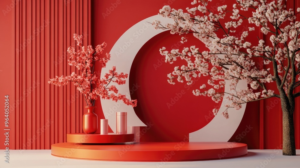 Poster red podium display for cosmetic products in geometric japanese style 3d rendering