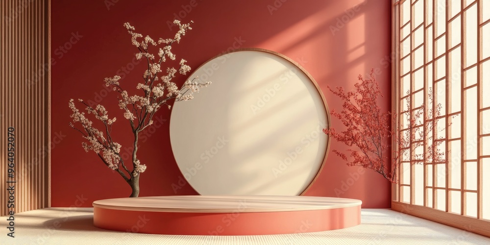 Poster japanese style architectural podium background for branding and product presentations 3d rendering i