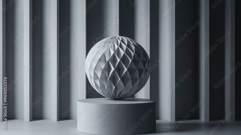 Poster Minimalist abstract background for product display featuring a grey paper honeycomb ball on a grey podium 3D rendered illustration