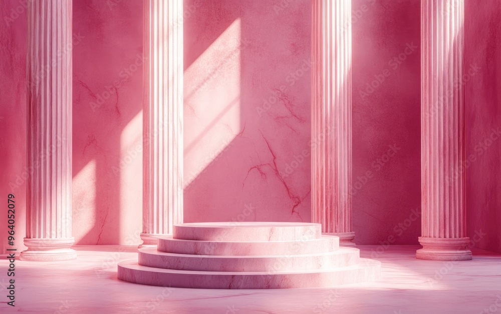 Aufkleber Pink podium in an ancient Greek style featuring a realistic 3D illustration Minimalist setting in a pink space with marble colonnade and classical columns