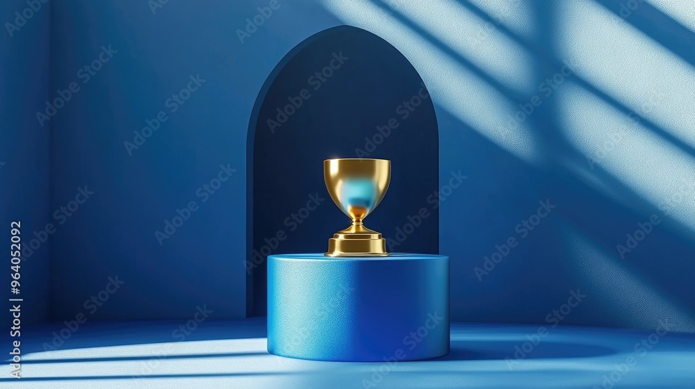 Poster Golden Award Trophy placed on a blue realistic cylinder podium with an arch window in a studio setting featuring steps captured in extreme close up 3D rendering
