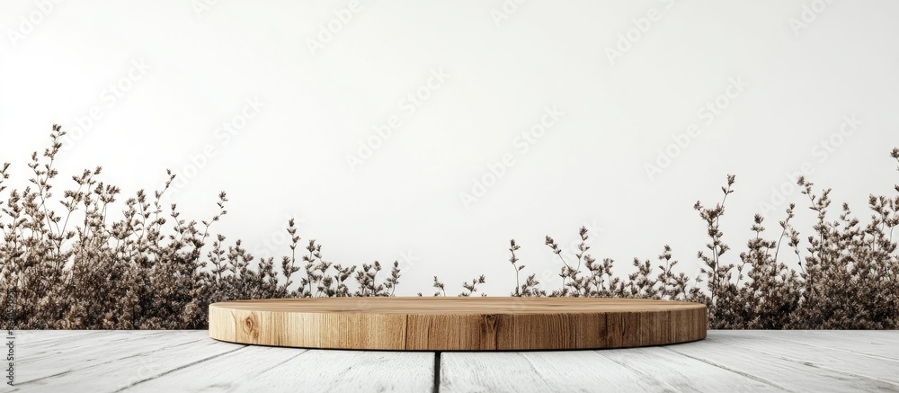 Aufkleber wooden podium in a field for product showcasing with a white background 3d rendering