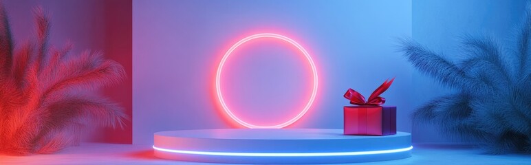 Obraz premium Abstract background featuring a geometric circular podium for showcasing products or special occasions accompanied by a flying open gift box adorned with a red ribbon set against a white backdrop