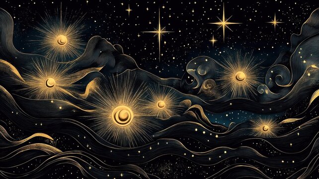 Naklejki Stars in Art Nouveau style with elegant curves, ornate detailing, and sophisticated celestial patterns.