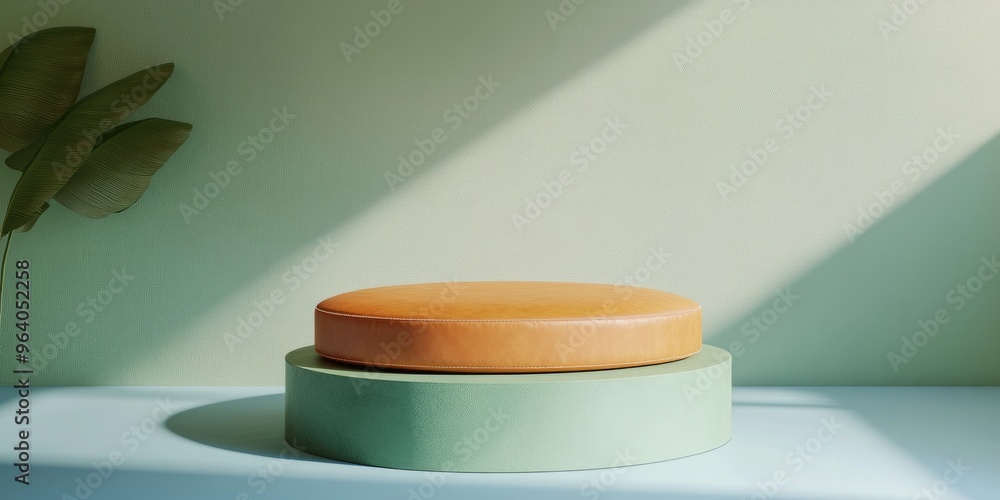 Poster Abstract minimal backdrop featuring a green cylindrical podium with a leather pillow for product showcasing 3D rendering